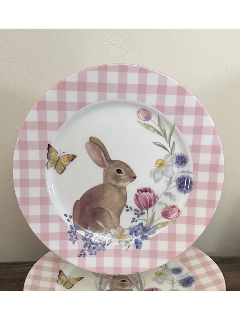 New GRACE TEAWARE Easter Plaid Bunny Rabbit 8" Salad Plate Pink Plaid